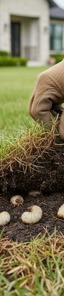 Hand pulling back dead turf to reveal white grubs in the soil, showing lawn damage.