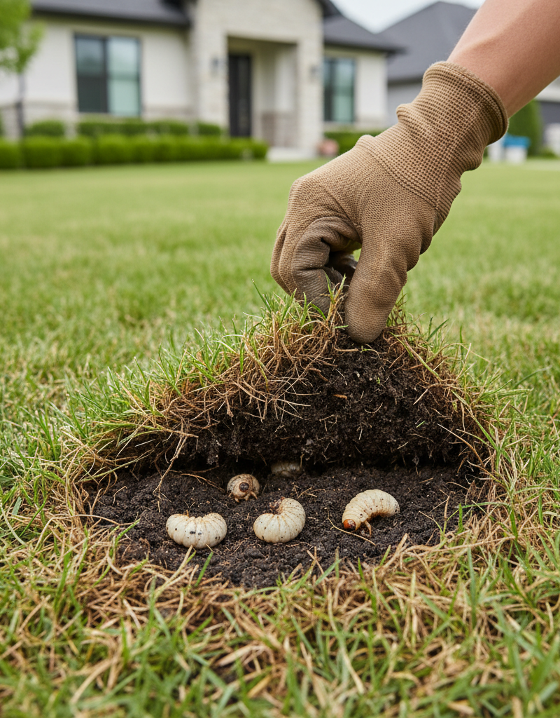 Hand pulling back dead turf to reveal white grubs in the soil, showing lawn damage.