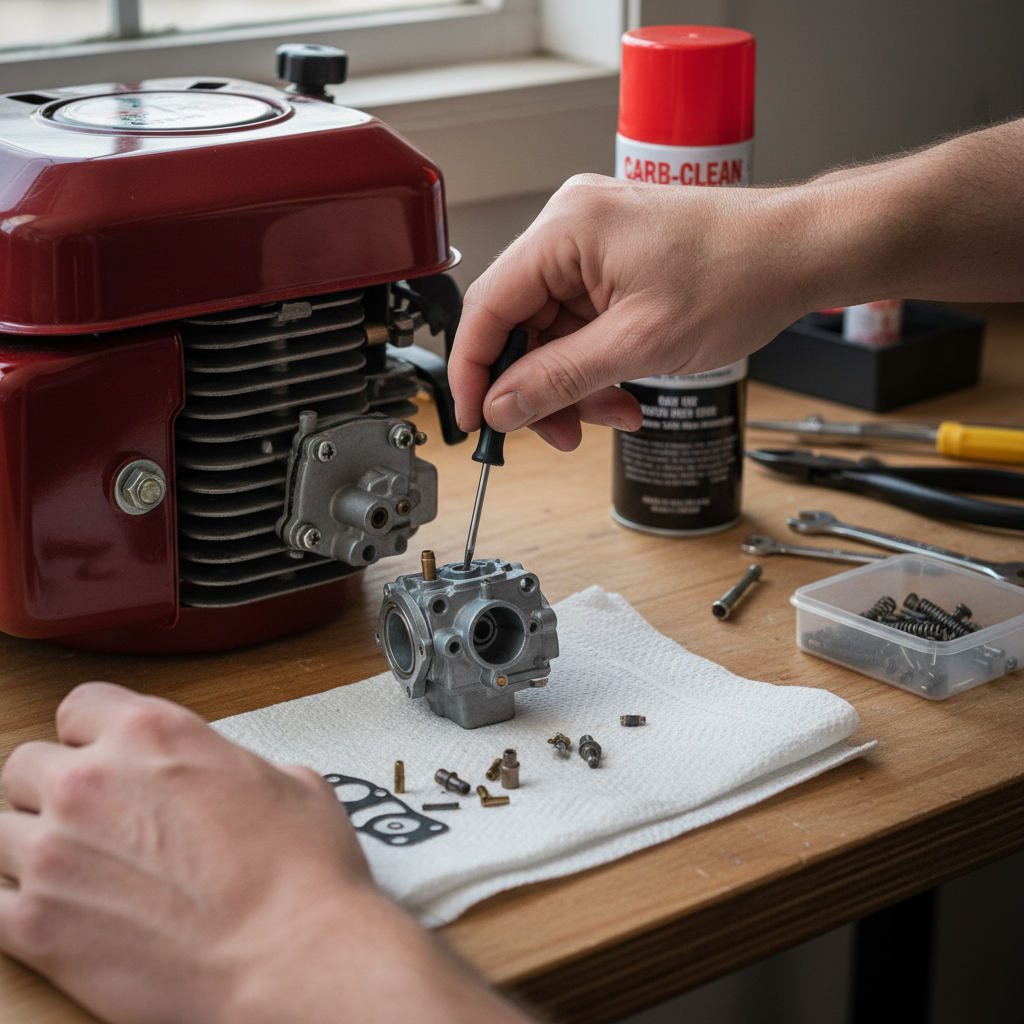 Homeowner's hands cleaning a lawn mower carburetor to fix a no-start issue.