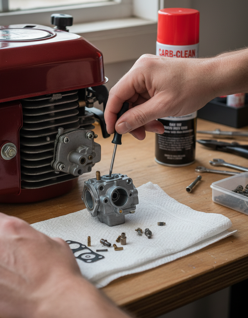 Homeowner's hands cleaning a lawn mower carburetor to fix a no-start issue.