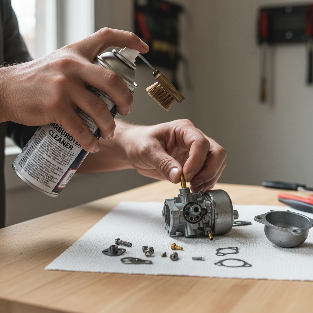 Homeowner cleaning a small engine carburetor with spray cleaner and a tiny brush on a workbench.