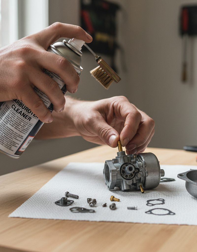 Homeowner cleaning a small engine carburetor with spray cleaner and a tiny brush on a workbench.