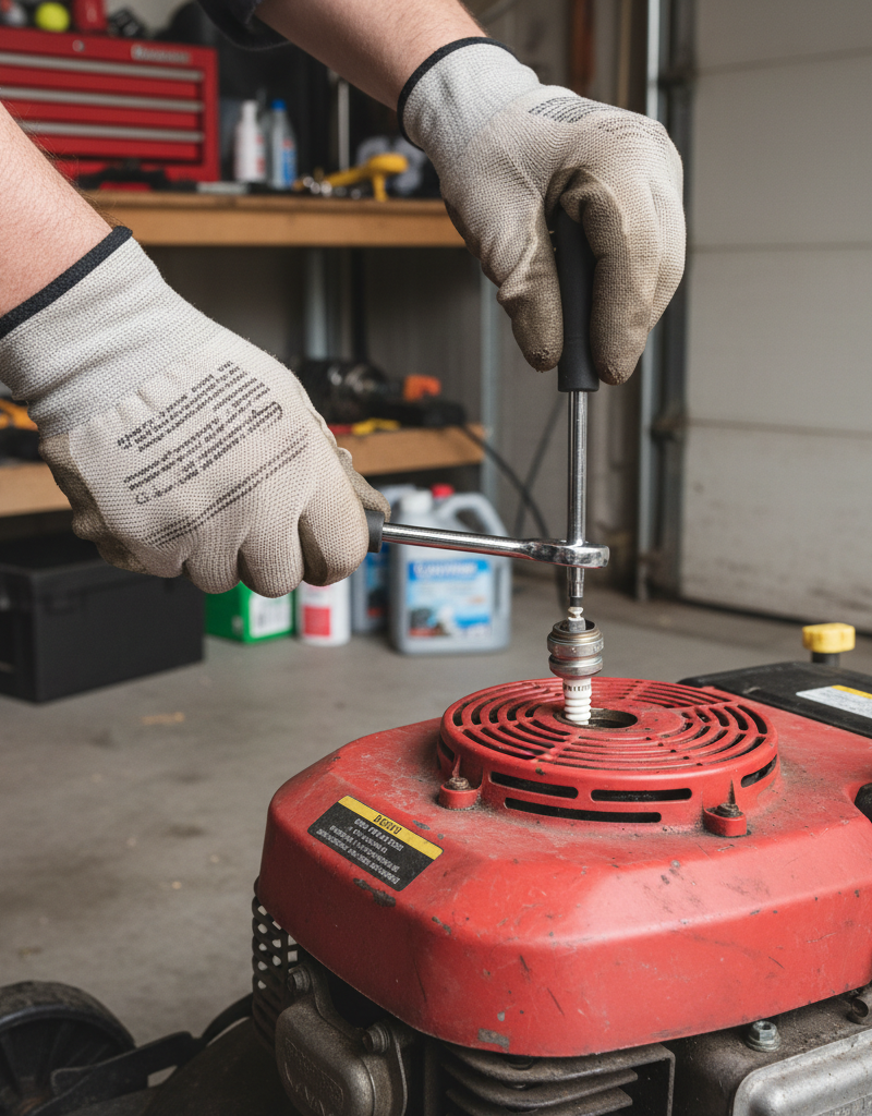 Homeowner removing a spark plug from a lawn mower engine with a wrench.