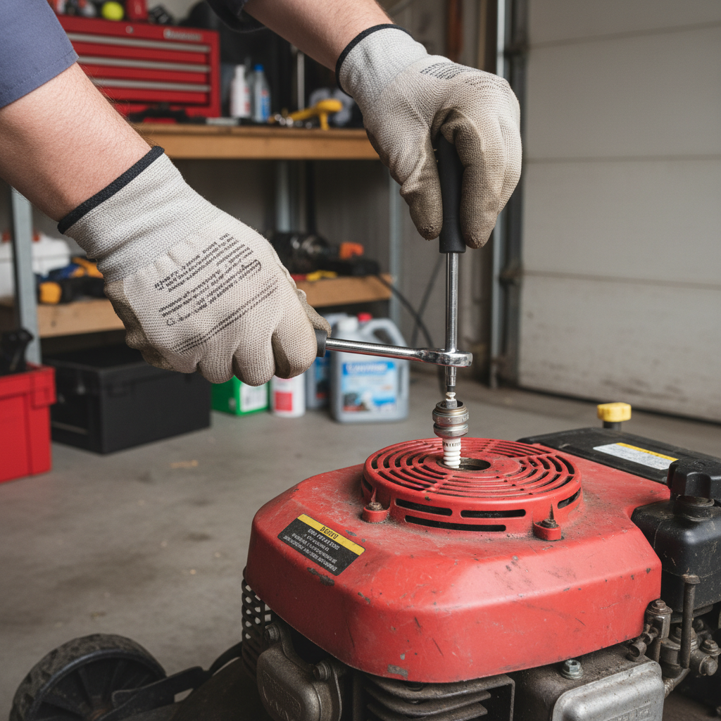 Homeowner removing a spark plug from a lawn mower engine with a wrench.