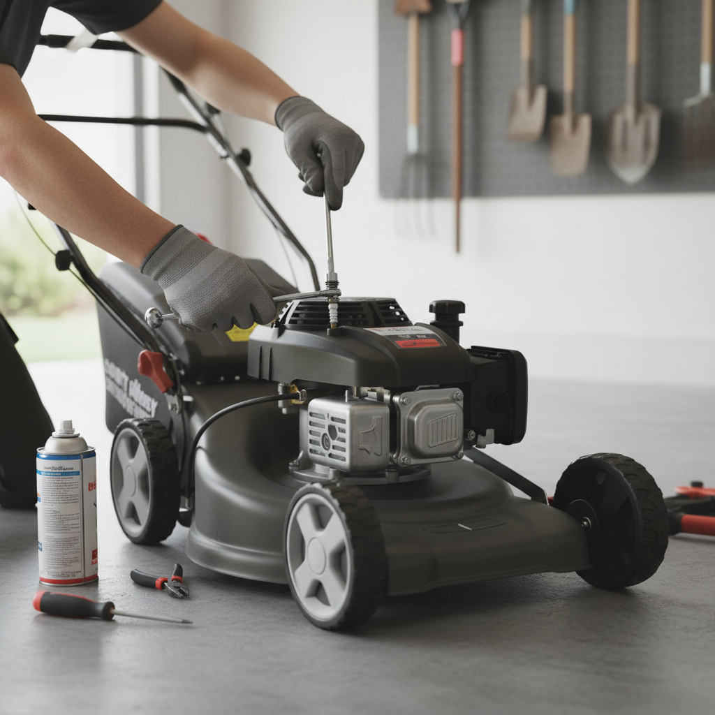 Homeowner inspecting a lawn mower spark plug during troubleshooting.