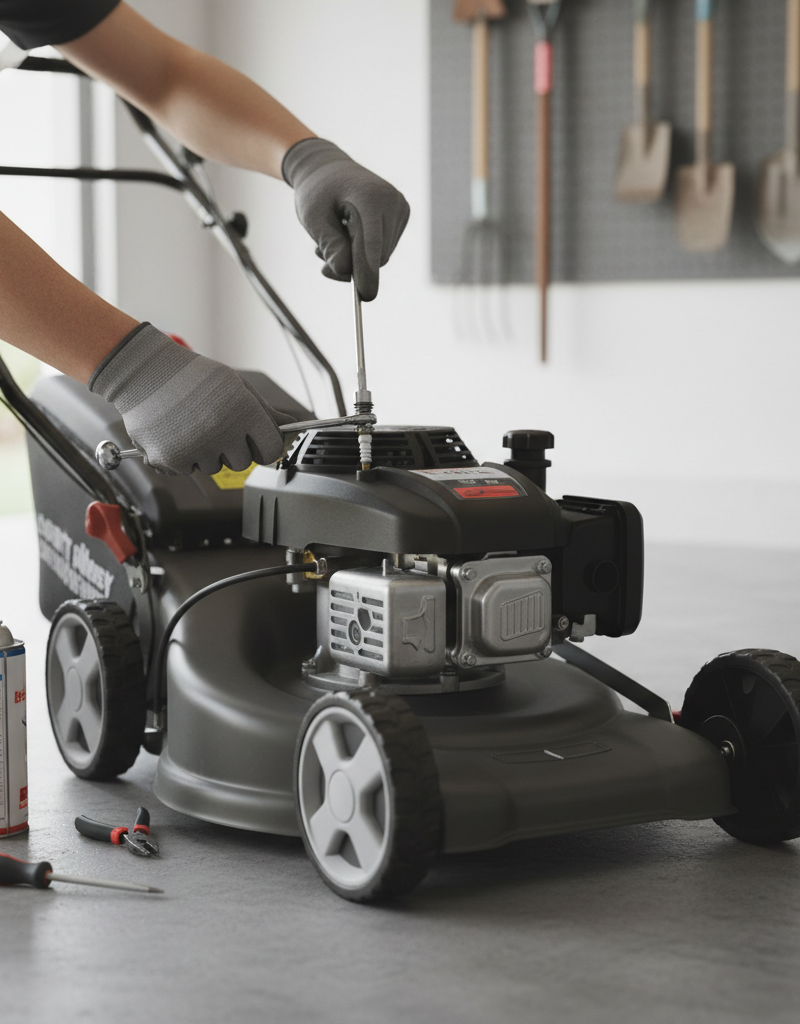 Homeowner inspecting a lawn mower spark plug during troubleshooting.