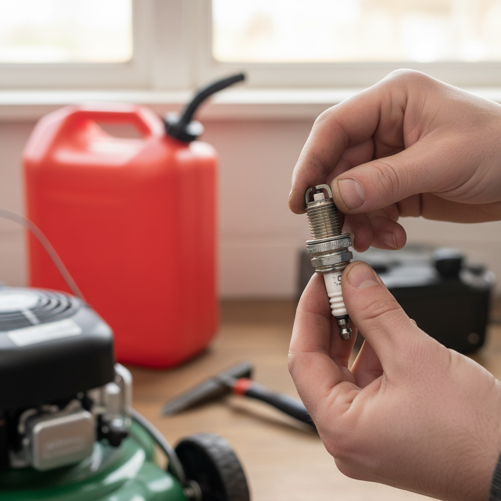 Homeowner troubleshooting a lawn mower, checking the spark plug and fuel.
