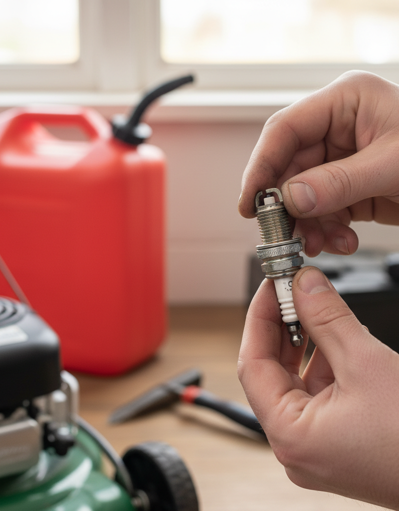 Homeowner troubleshooting a lawn mower, checking the spark plug and fuel.