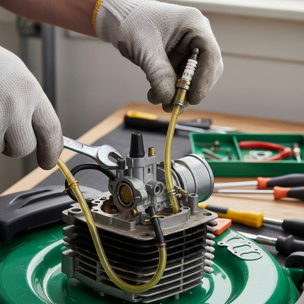 Homeowner troubleshooting a lawn mower that won't start by inspecting the carburetor and spark plug.
