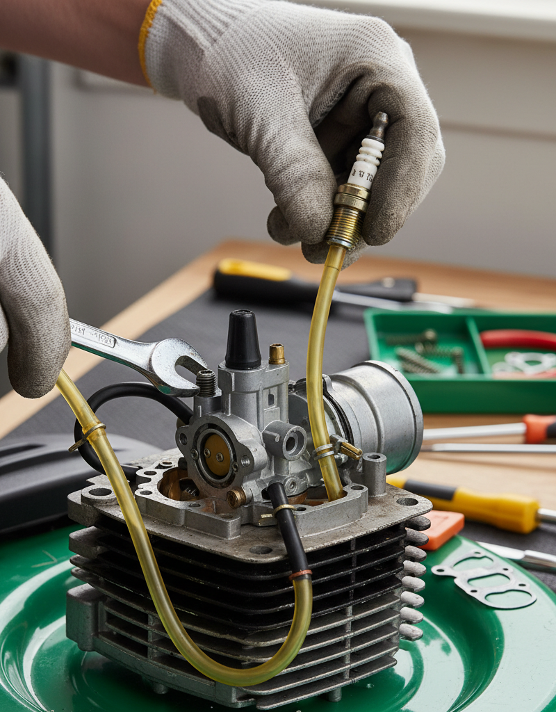 Homeowner troubleshooting a lawn mower that won't start by inspecting the carburetor and spark plug.