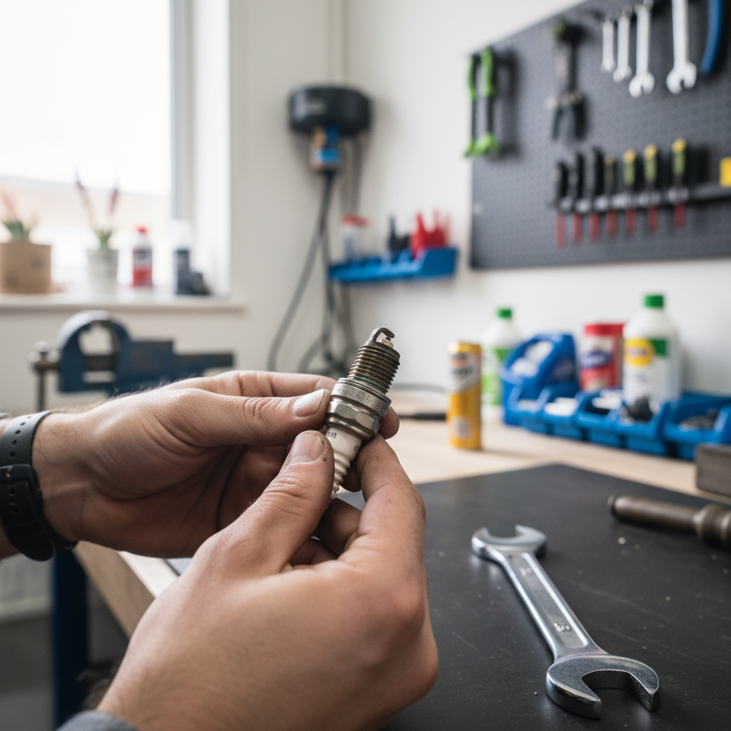 Homeowner troubleshooting a non-starting lawn mower by inspecting the spark plug with a spark plug wrench.