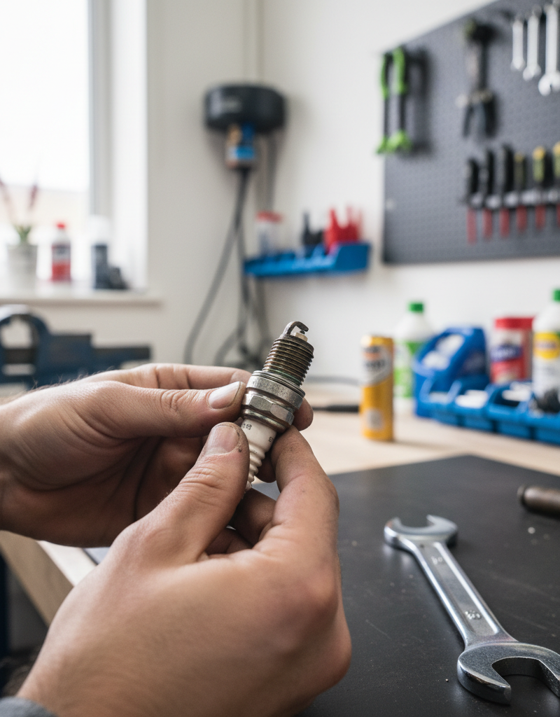 Homeowner troubleshooting a non-starting lawn mower by inspecting the spark plug with a spark plug wrench.