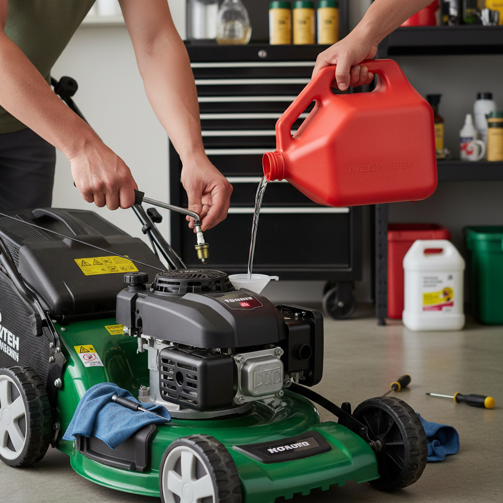 Homeowner troubleshooting a lawn mower that won't start by checking the spark plug and fuel.