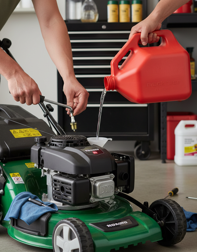 Homeowner troubleshooting a lawn mower that won't start by checking the spark plug and fuel.