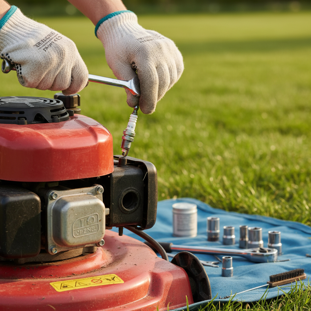 Homeowner removing spark plug from a small lawn mower engine to troubleshoot a no-start issue.