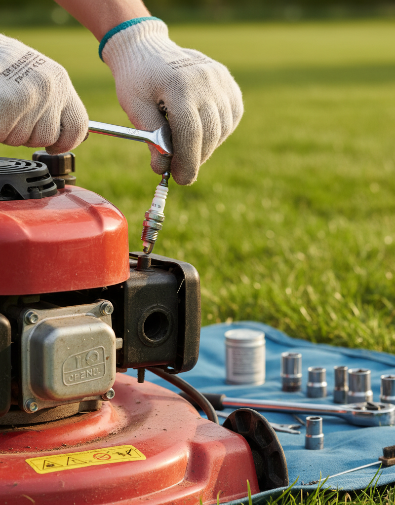 Homeowner removing spark plug from a small lawn mower engine to troubleshoot a no-start issue.
