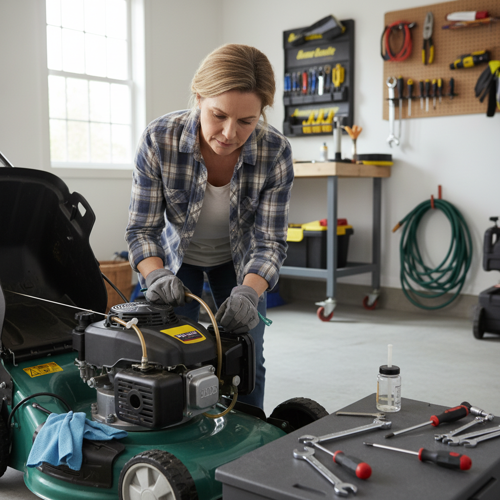 Homeowner inspecting a lawn mower carburetor for clogs and fuel issues.