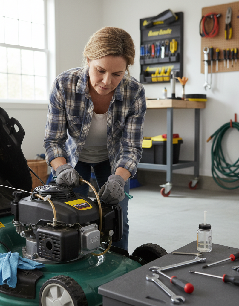Homeowner inspecting a lawn mower carburetor for clogs and fuel issues.