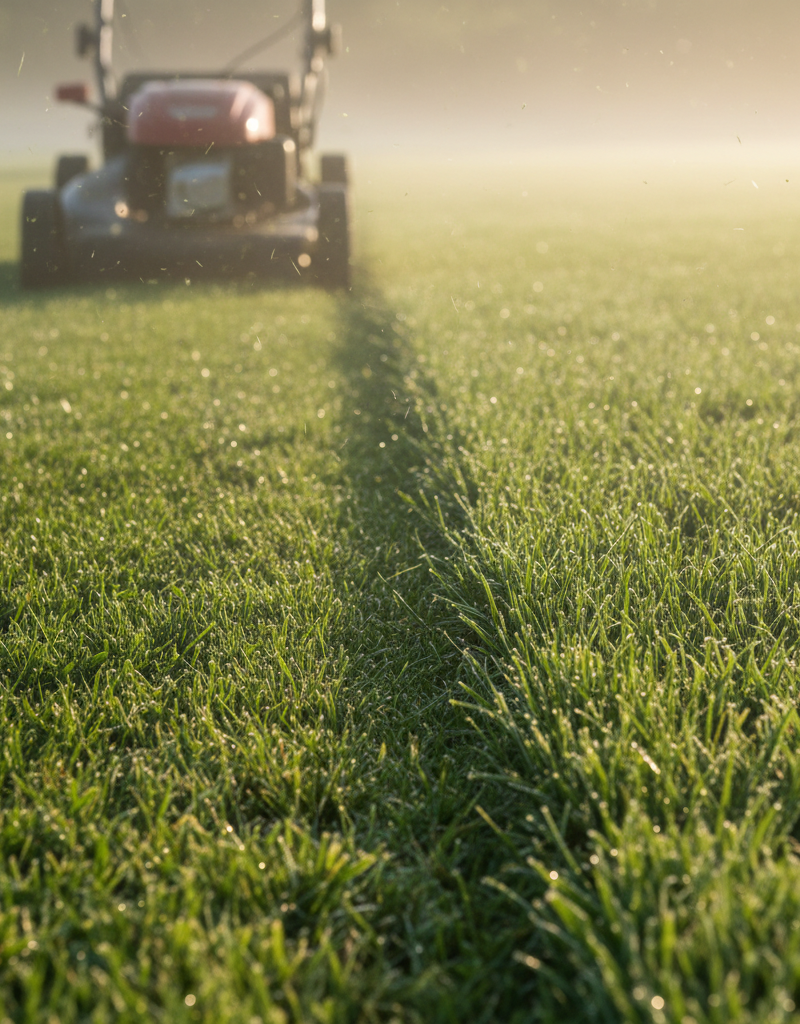 Close-up of a sharp mower blade cleanly cutting lush green grass, illustrating proper lawn mowing.