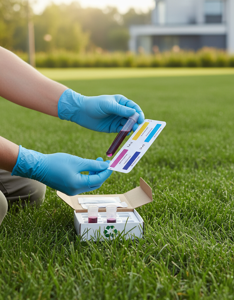 Homeowner testing lawn soil pH with a kit, comparing colors
