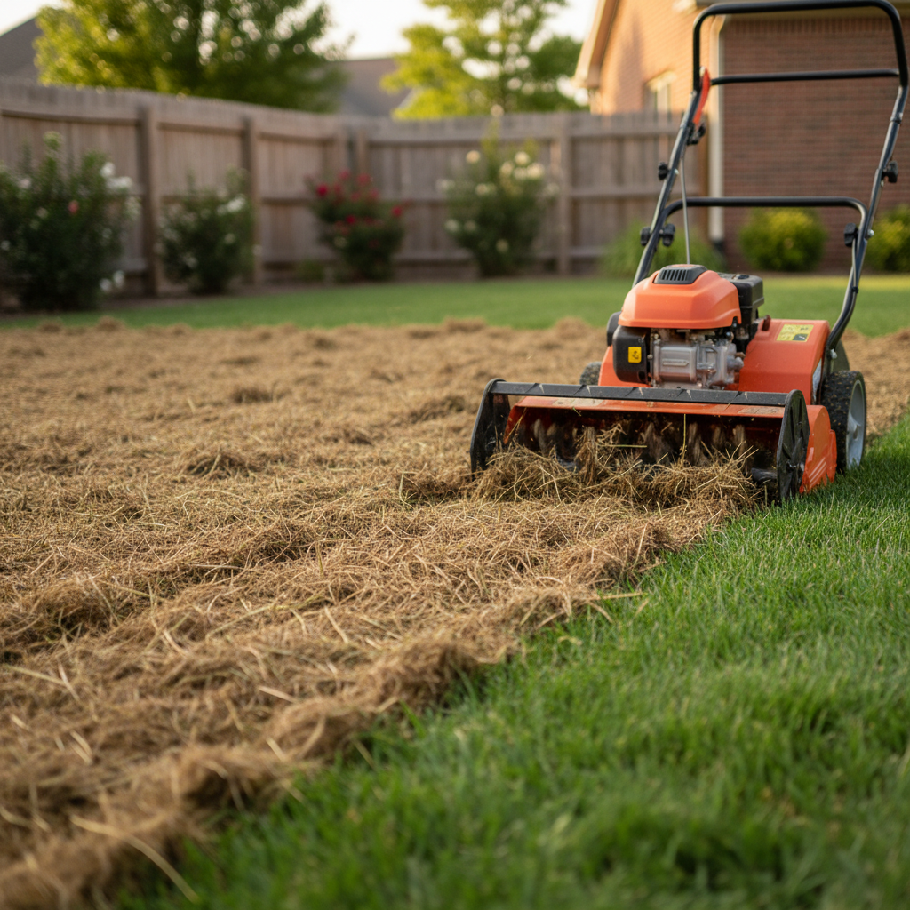 A power dethatcher machine pulling a thick layer of brown thatch from a green lawn, with piles of thatch visible on the grass.