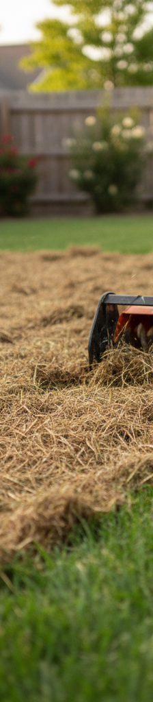 A power dethatcher machine pulling a thick layer of brown thatch from a green lawn, with piles of thatch visible on the grass.