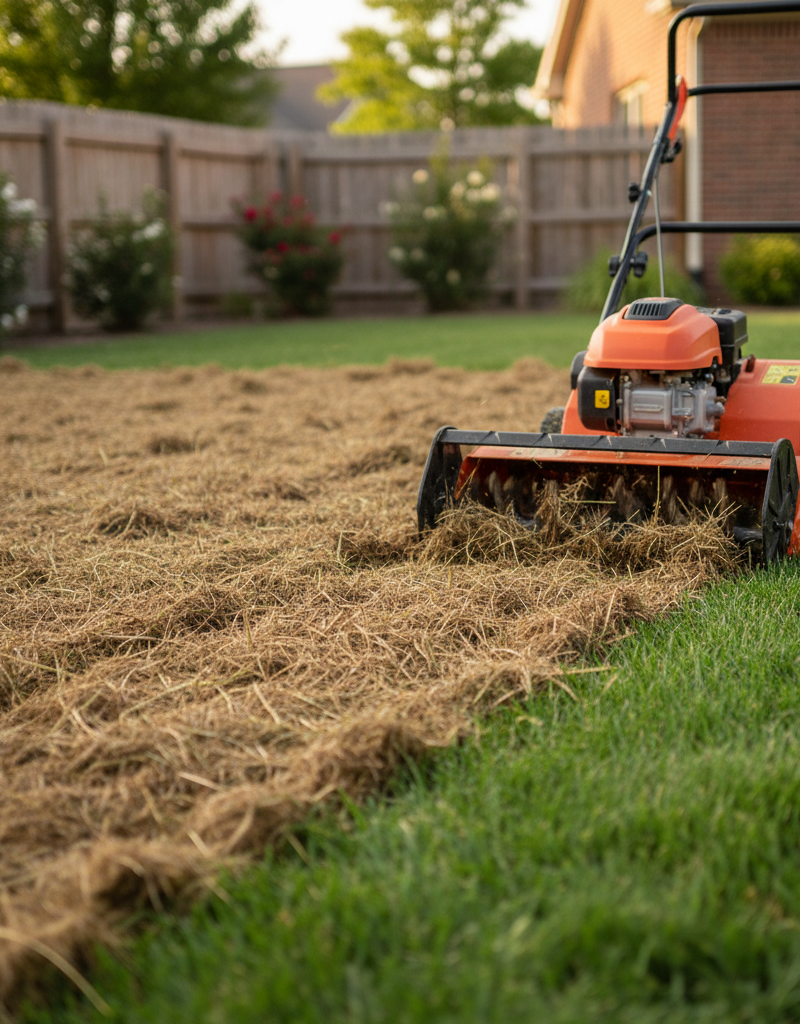 A power dethatcher machine pulling a thick layer of brown thatch from a green lawn, with piles of thatch visible on the grass.