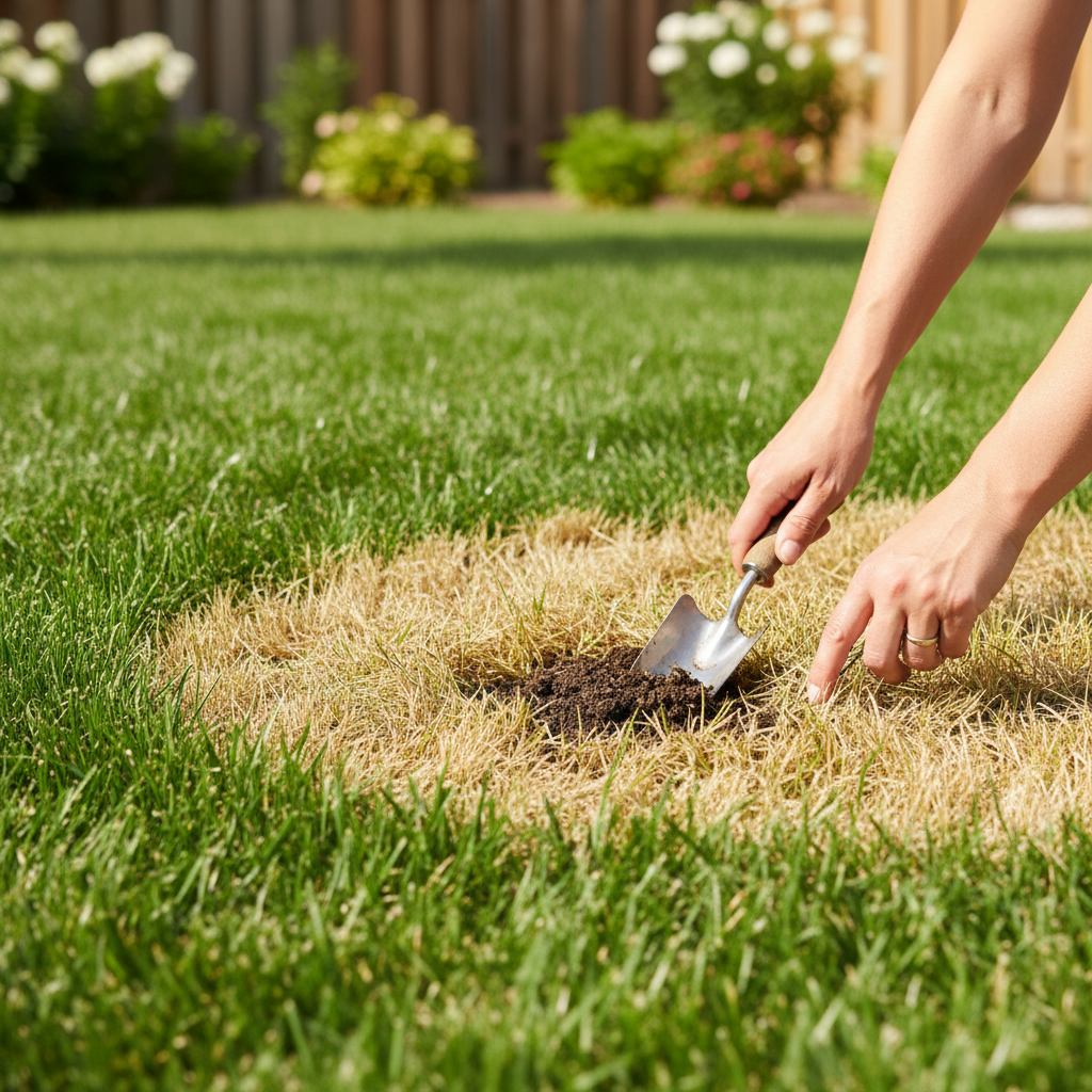Homeowner inspecting yellow grass with a trowel, a lush green lawn contrasting in the background, illustrating summer lawn stress.