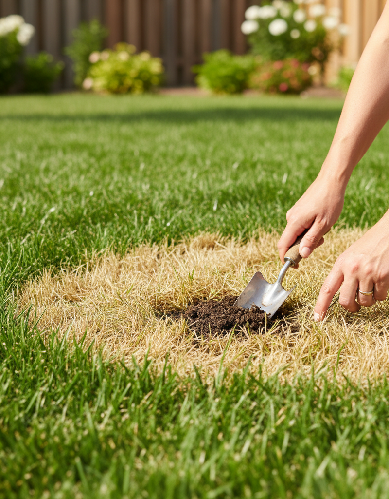 Homeowner inspecting yellow grass with a trowel, a lush green lawn contrasting in the background, illustrating summer lawn stress.