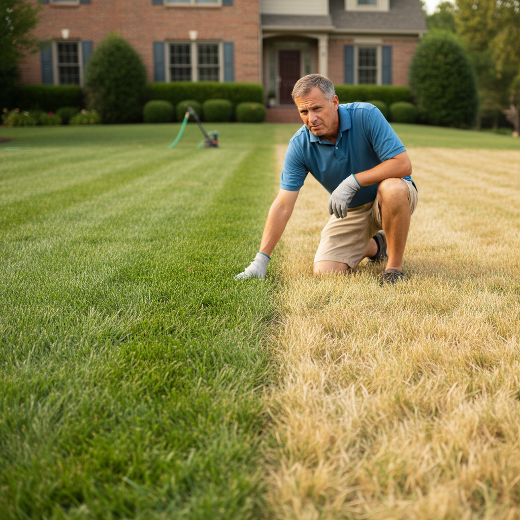 A homeowner looking concerned at a patch of yellow grass in an otherwise green summer lawn.