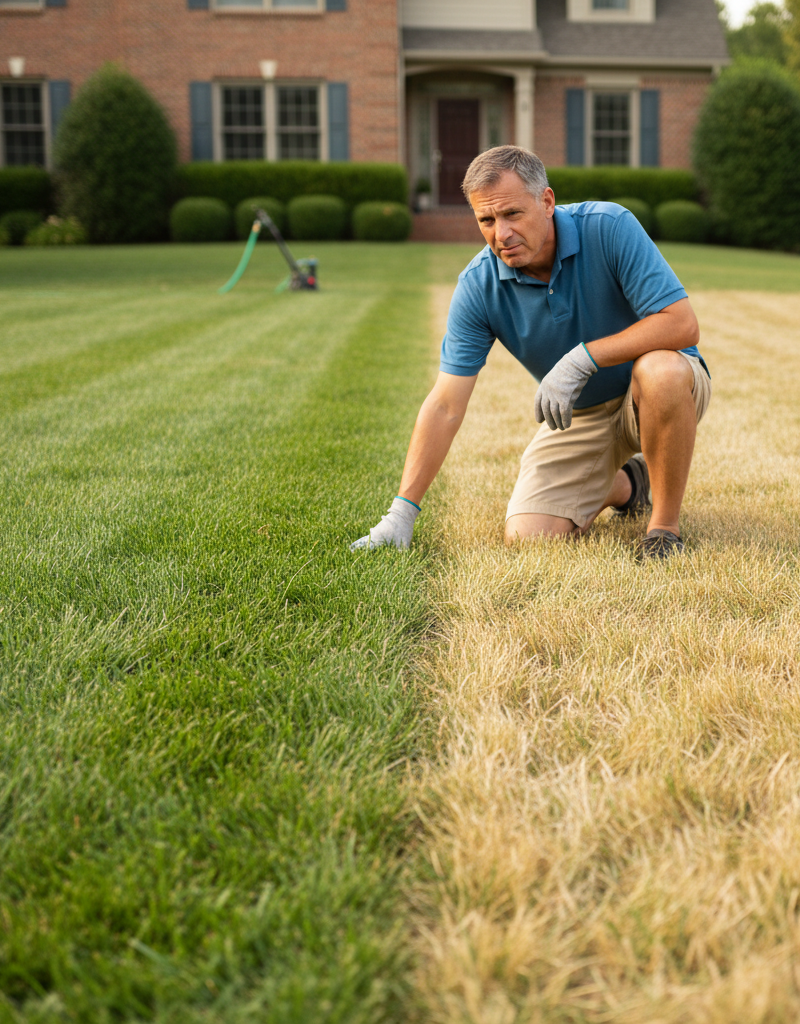 A homeowner looking concerned at a patch of yellow grass in an otherwise green summer lawn.
