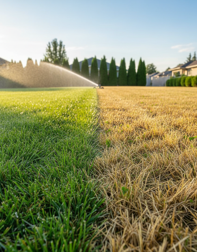 Vibrant green lawn next to a yellow, distressed lawn under summer sun with a sprinkler
