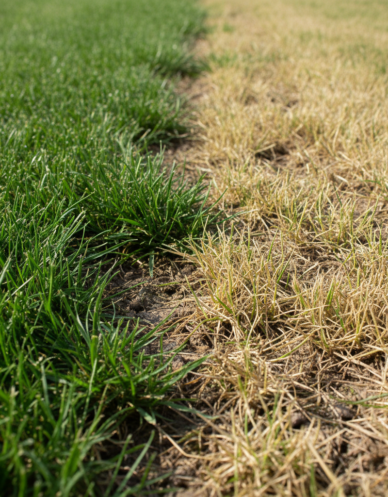 A vibrant green lawn next to a patchy, yellow lawn under summer sun.