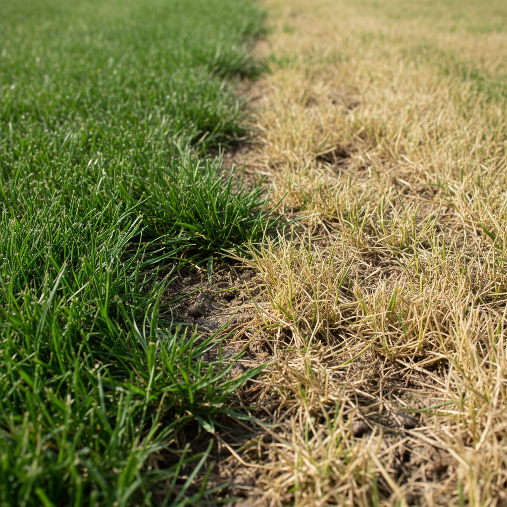 A vibrant green lawn next to a patchy, yellow lawn under summer sun.