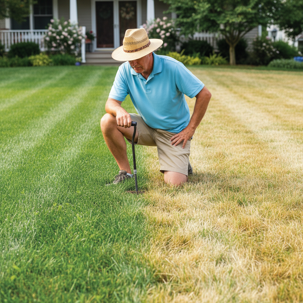 A vibrant green lawn contrasting with patches of yellow, stressed grass during summer, with a gardener checking soil moisture.