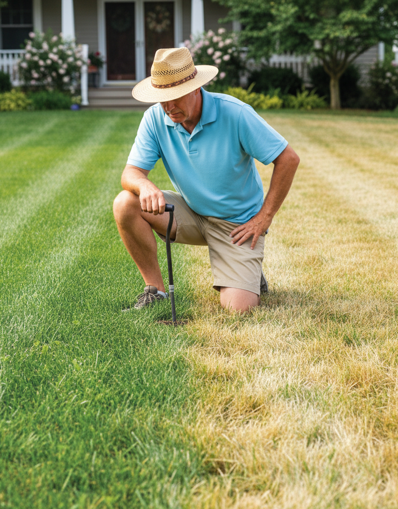 A vibrant green lawn contrasting with patches of yellow, stressed grass during summer, with a gardener checking soil moisture.