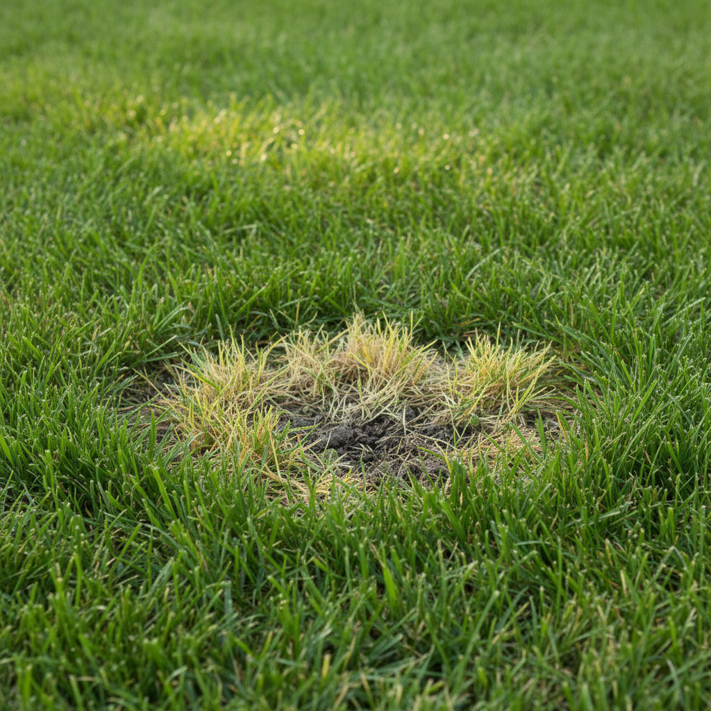 Close-up of a vibrant green lawn with a noticeable small patch of yellowing grass under summer sun.