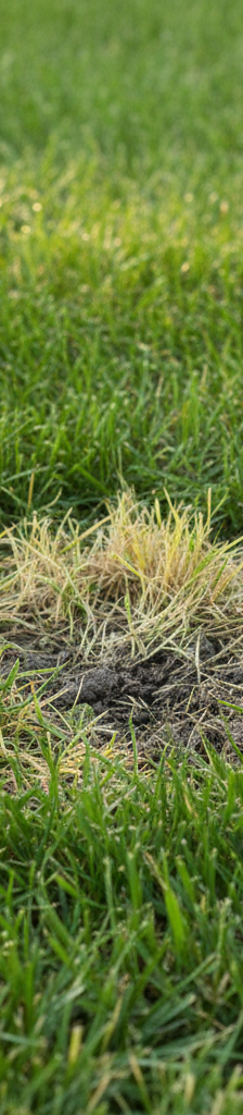 Close-up of a vibrant green lawn with a noticeable small patch of yellowing grass under summer sun.