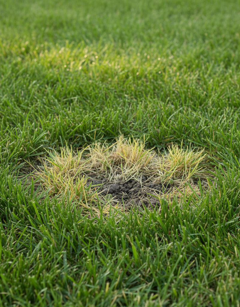 Close-up of a vibrant green lawn with a noticeable small patch of yellowing grass under summer sun.