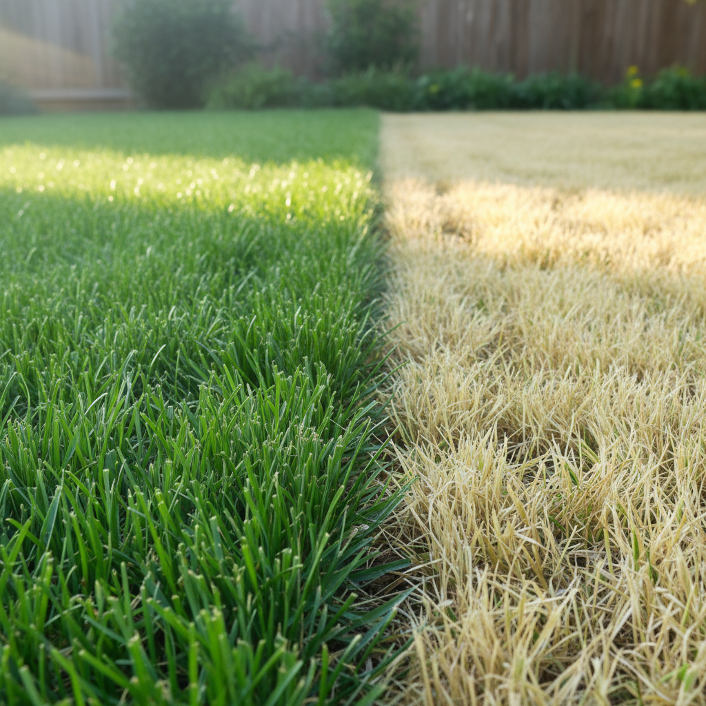Vibrant green lawn turning yellow in a patchy section, illustrating summer stress.