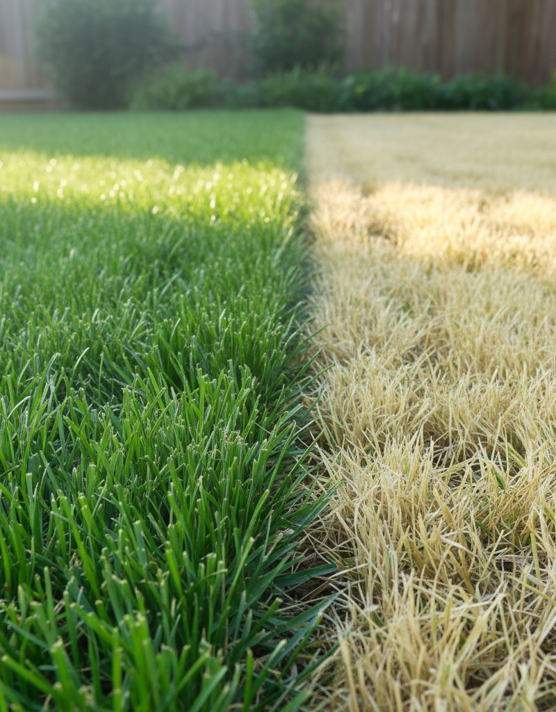 Vibrant green lawn turning yellow in a patchy section, illustrating summer stress.