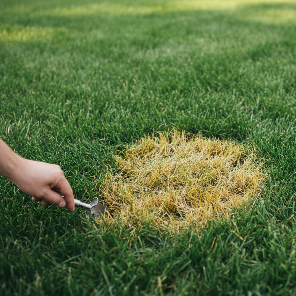 Homeowner examining a patch of yellow lawn, suggesting investigation into grass discoloration