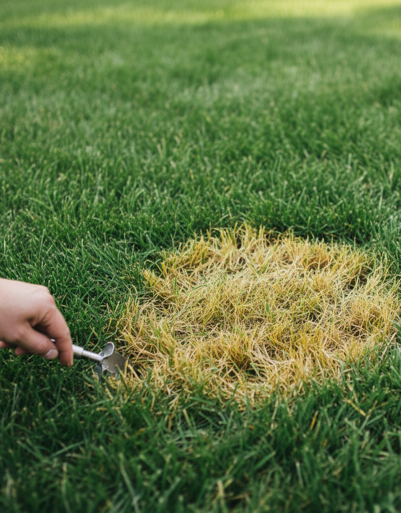 Homeowner examining a patch of yellow lawn, suggesting investigation into grass discoloration
