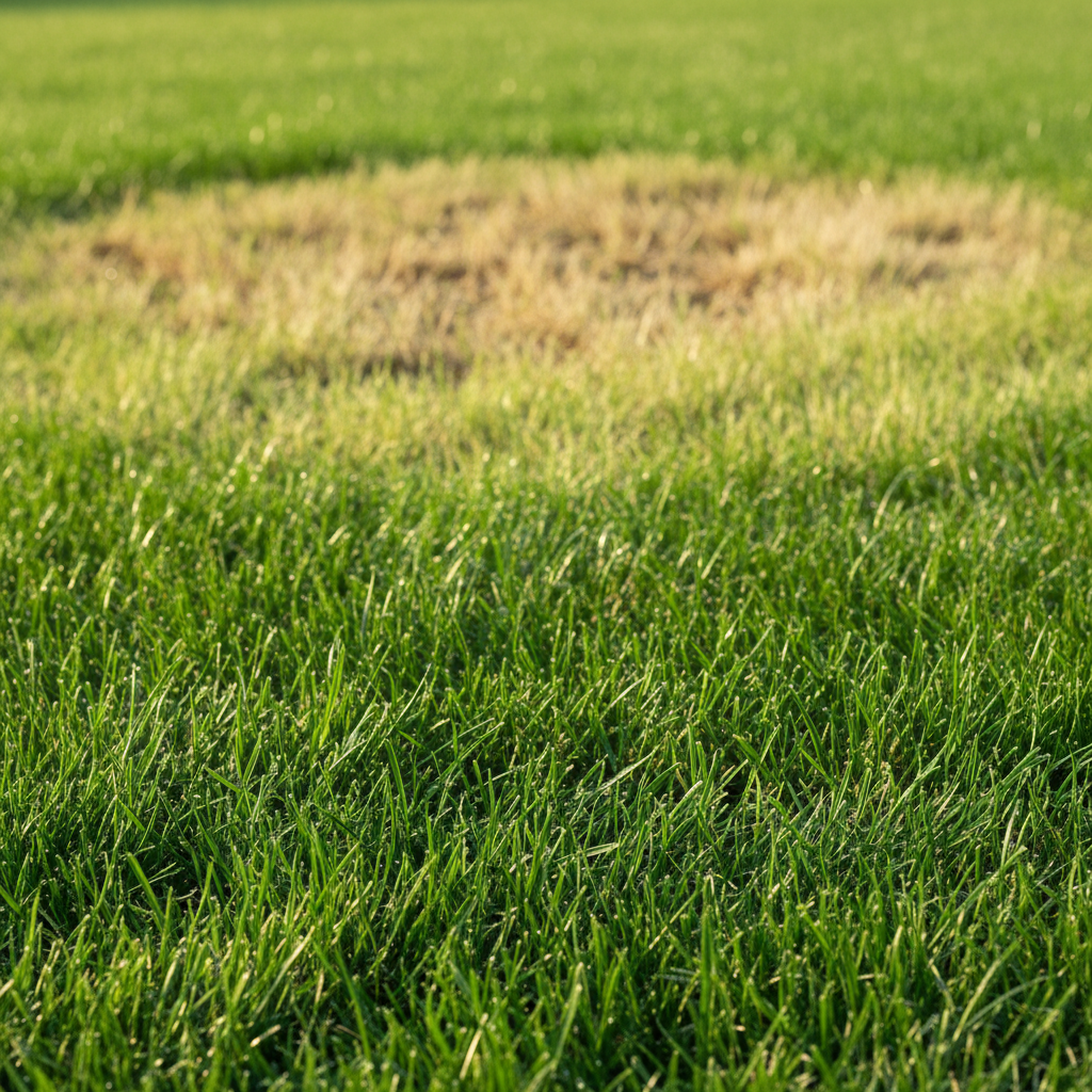 Vibrant green summer lawn transitioning to a yellowed patch due to improper care
