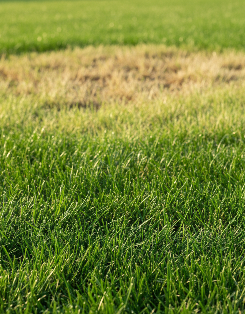 Vibrant green summer lawn transitioning to a yellowed patch due to improper care