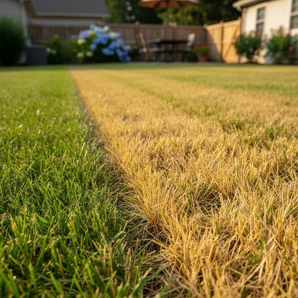 Patch of yellow grass next to healthy green lawn, indicating overwatering issue.