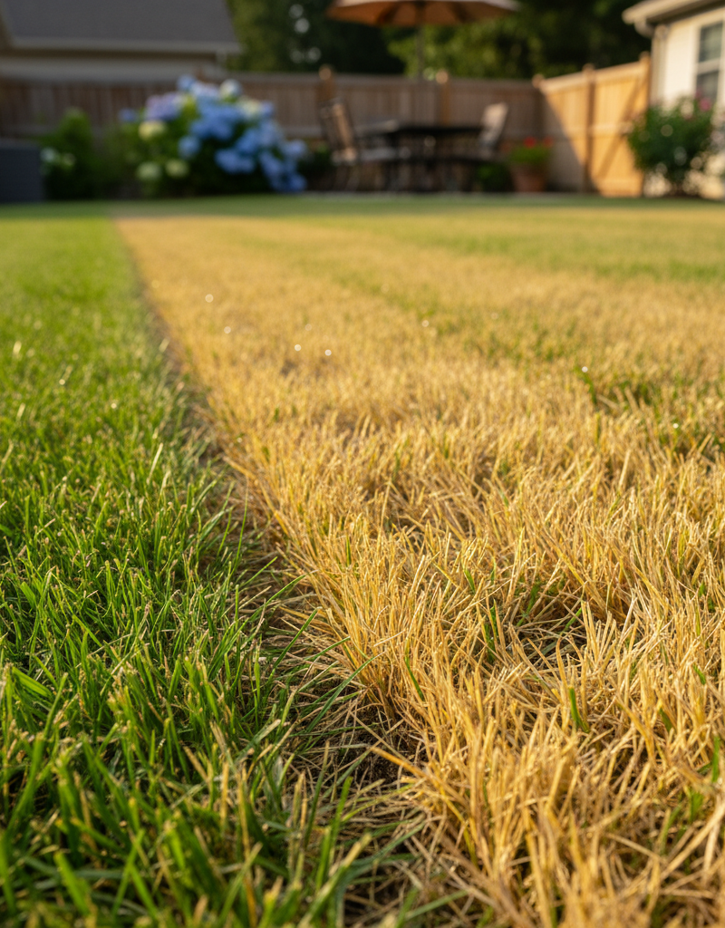 Patch of yellow grass next to healthy green lawn, indicating overwatering issue.
