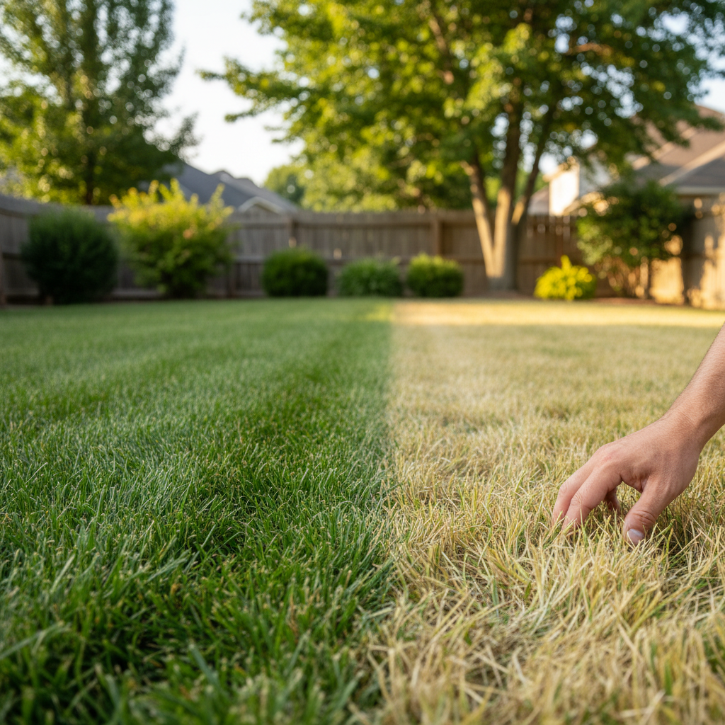 A homeowner examining a patch of residential lawn, half of which is vibrant green and healthy, while the other half is visibly yellow and stressed, indicating a problem like overwatering.
