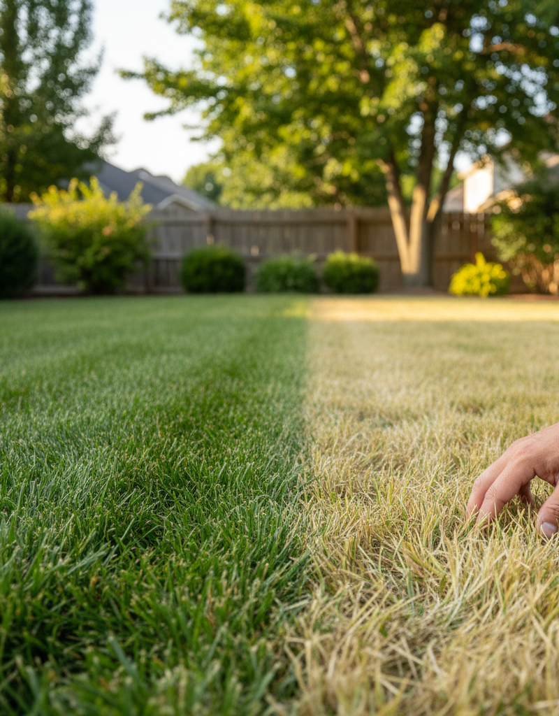 A homeowner examining a patch of residential lawn, half of which is vibrant green and healthy, while the other half is visibly yellow and stressed, indicating a problem like overwatering.