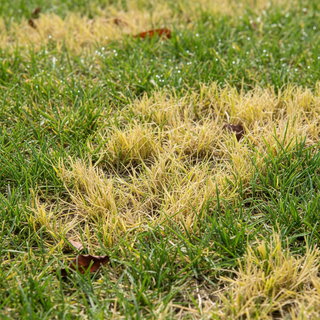 Close-up of a summer lawn with healthy green grass mixed with distinct yellow patches